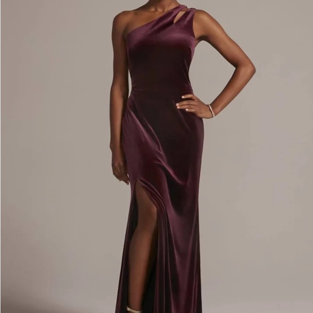 David’s Bridal Cutout One-Shoulder Velvet Gown with Skirt Slit